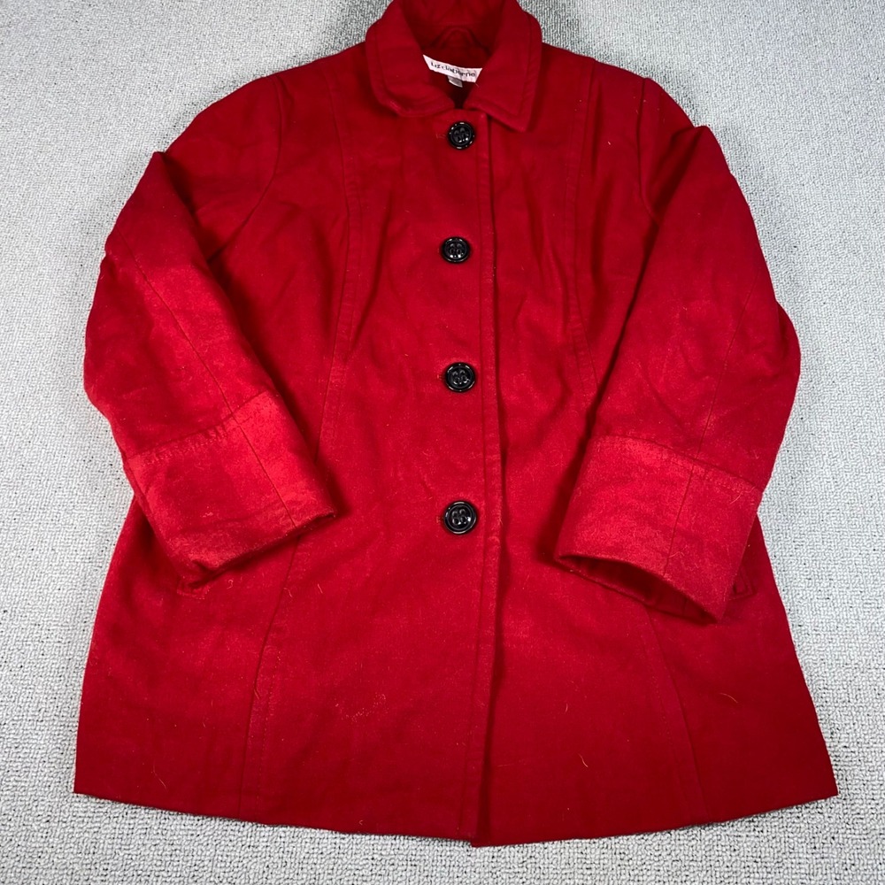 Liz Claiborne Pea Coat Jacket Womens XL Red Button Front Long Sleeve Solid Warm